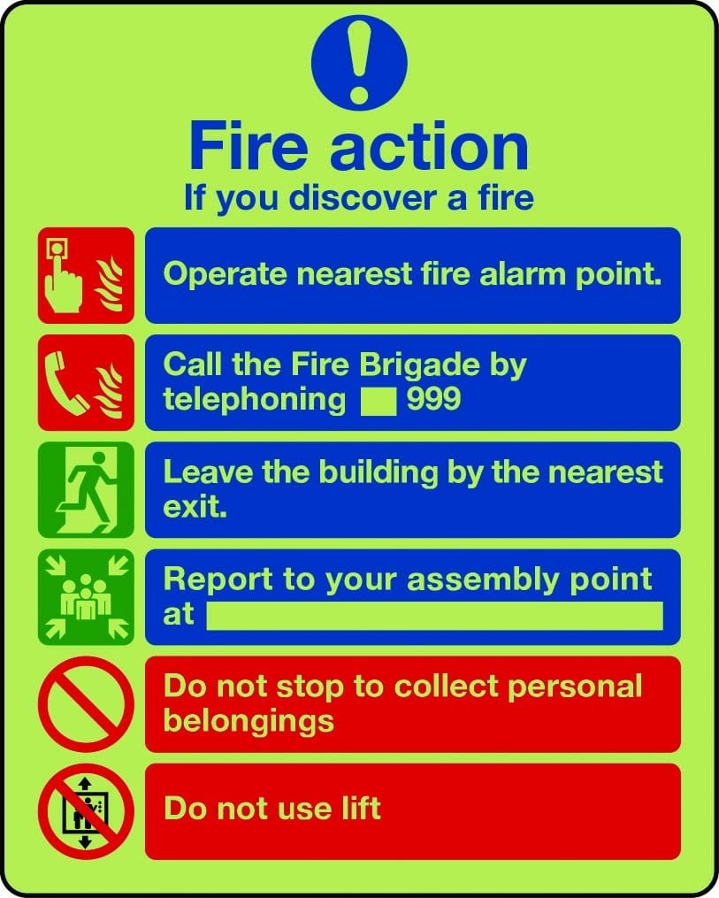 Photoluminescent fire action notice sign (building with lift)