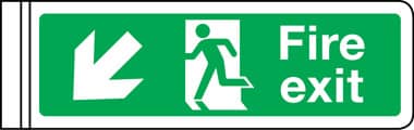 Wall mounted double-sided fire exit arrow down left sign