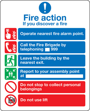 Fire Safety – Fire Action Notice incorporating graphic symbols from BS 5499 (with lifts) sign ...