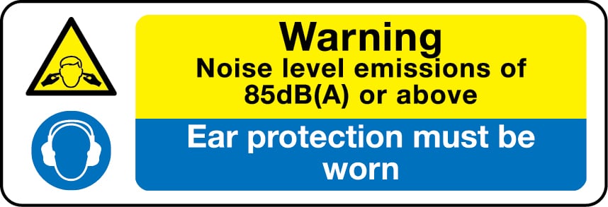 2218 Warning noise level emissions 85dB(A) or above, ear protection must be worn safety signs