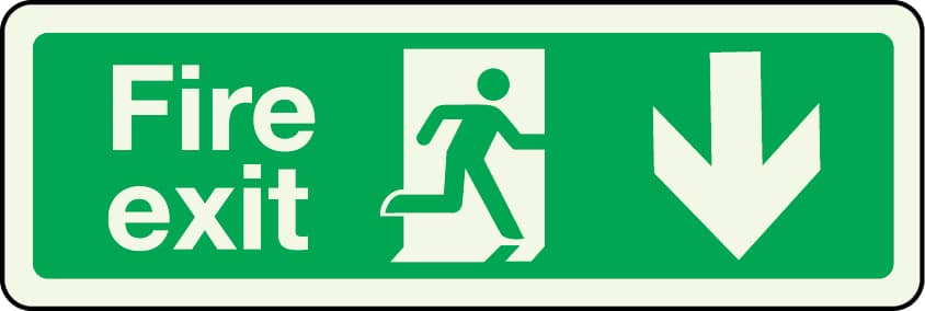 Fire exit arrow down photoluminescent sign