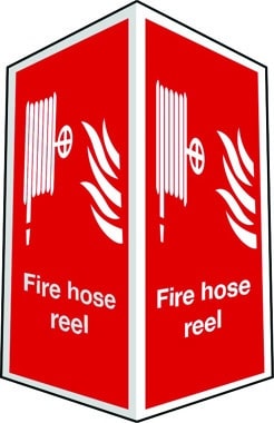 Projecting two-sided fire hose reel sign