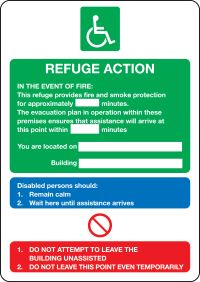 Fire action notice for disabled people refuge action sign