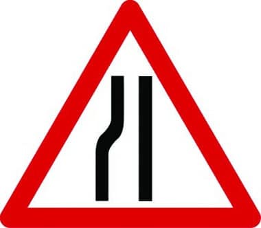 Road narrows on left temporary traffic sign