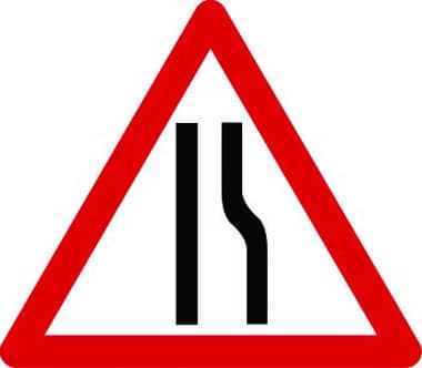 Road narrows on right temporary traffic sign