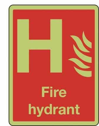 Fire hydrant symbol and text in photoluminescent sign