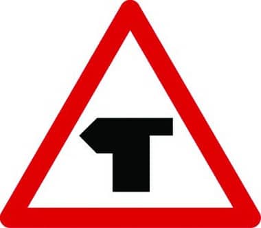 T-junction ahead main road left traffic sign