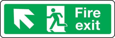 Double-sided fire escape route sign diagonal arrow up left