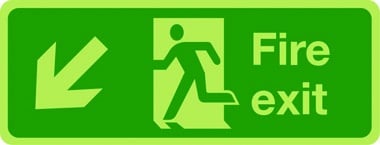 Double-sided fire exit sign (arrow diagonal bottom left)