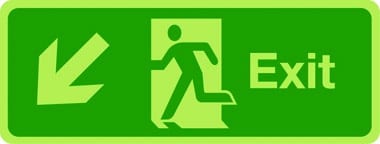 Double-sided exit sign (arrow diagonal bottom left)