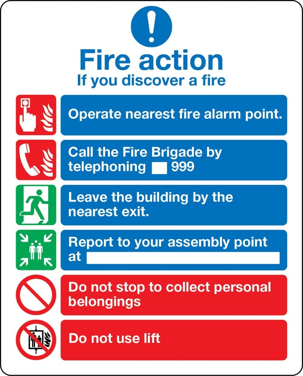 Fire action notice with graphic symbols from BS 5499 (with lifts) sign