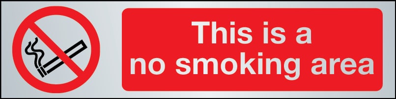 This is a no smoking area sign in brushed stainless steel