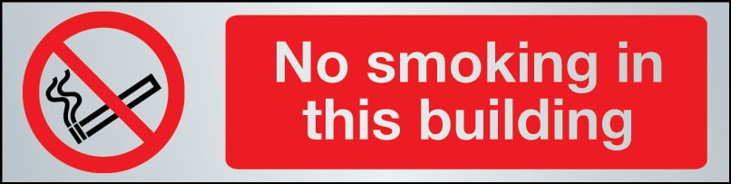 No smoking in this building sign in brushed stainless steel