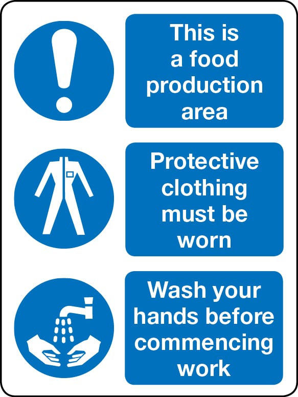 Food production, wash hands and PPE combination sign