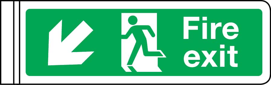 Wall mounted double-sided fire exit sign arrow down left