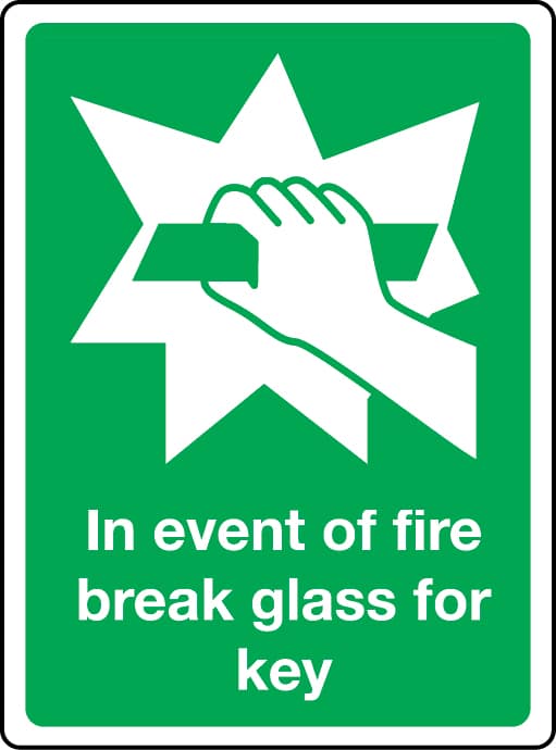 In event of fire break glass for key sign