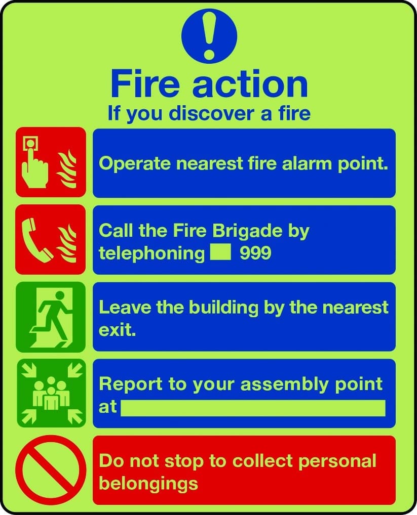 Photoluminescent fire action notice sign (building without lift)