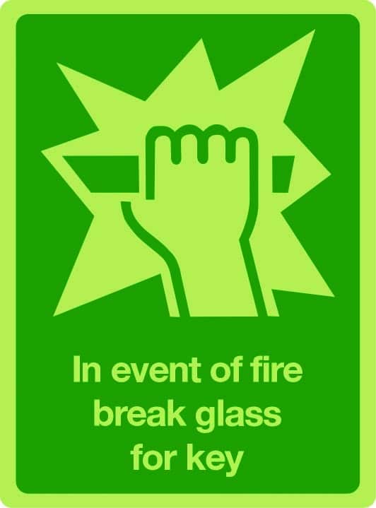 In the event of fire break glass for key photoluminescent sign