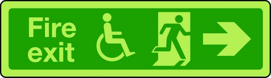 Photoluminescent physically impaired fire escape route sign arrow right