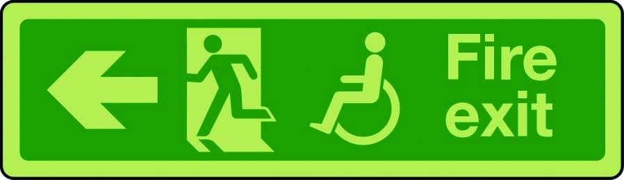 Photoluminescent physically impaired fire escape route sign arrow left