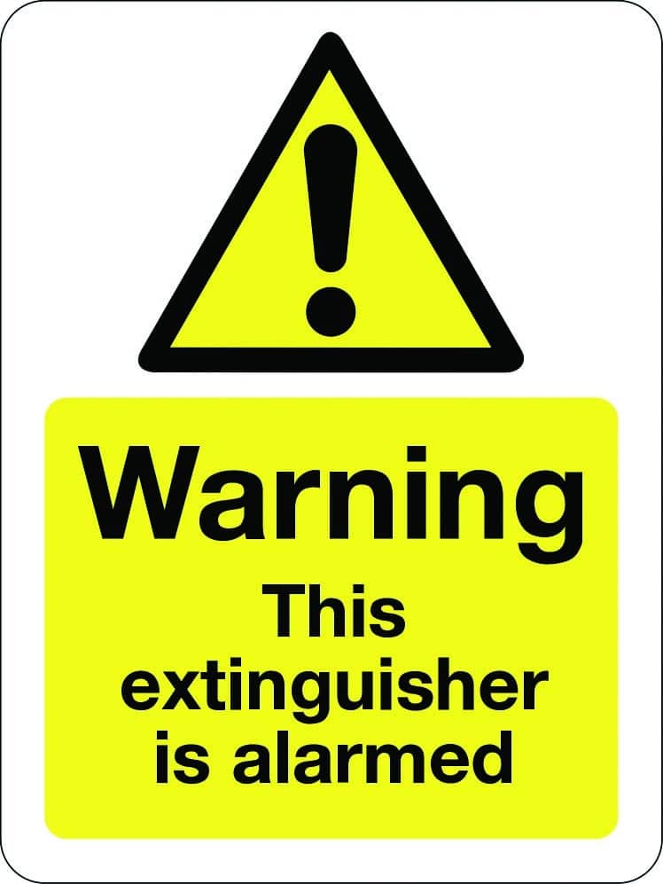 Warning this extinguisher is alarmed sign