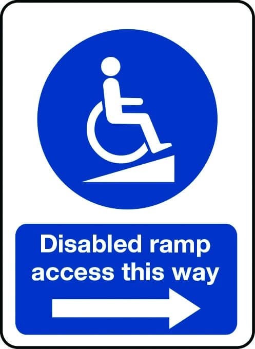 Disabled ramp access this way sign with arrow pointing right