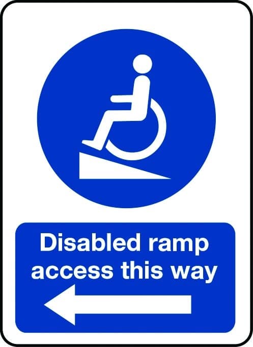 Disabled ramp access this way sign with arrow pointing left