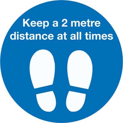 604558-T Keep a 2 metres distance at all times blue and white floor vinyl sign from stocksigns Ltd