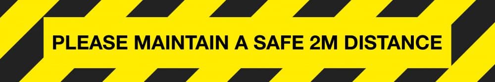 604722 Please maintain a safe 2m distance black and yellow hazard floor vinyl signage