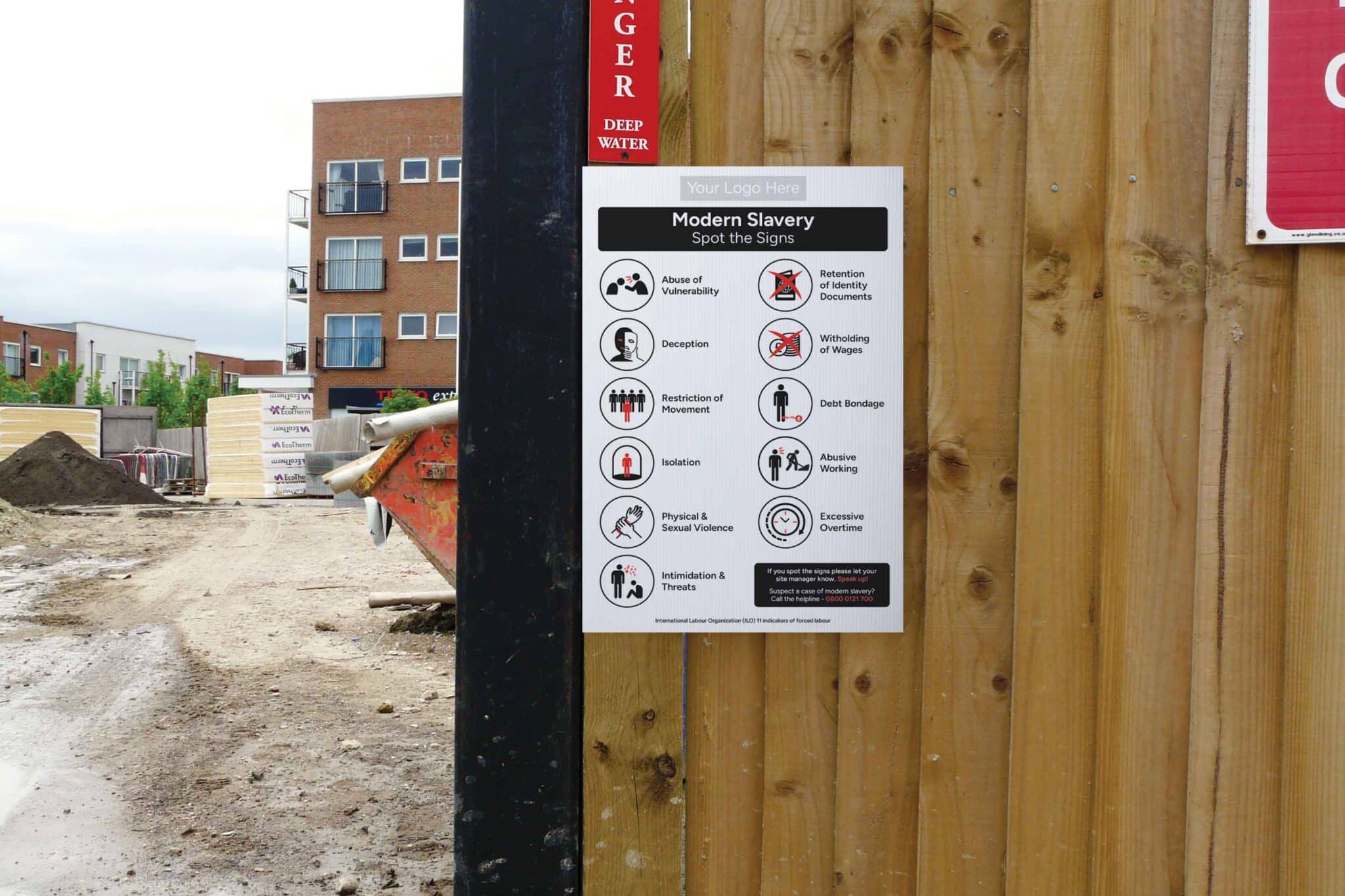 Stocksigns new modern slavery signs for Construction Site. The Image shows a poster on correx