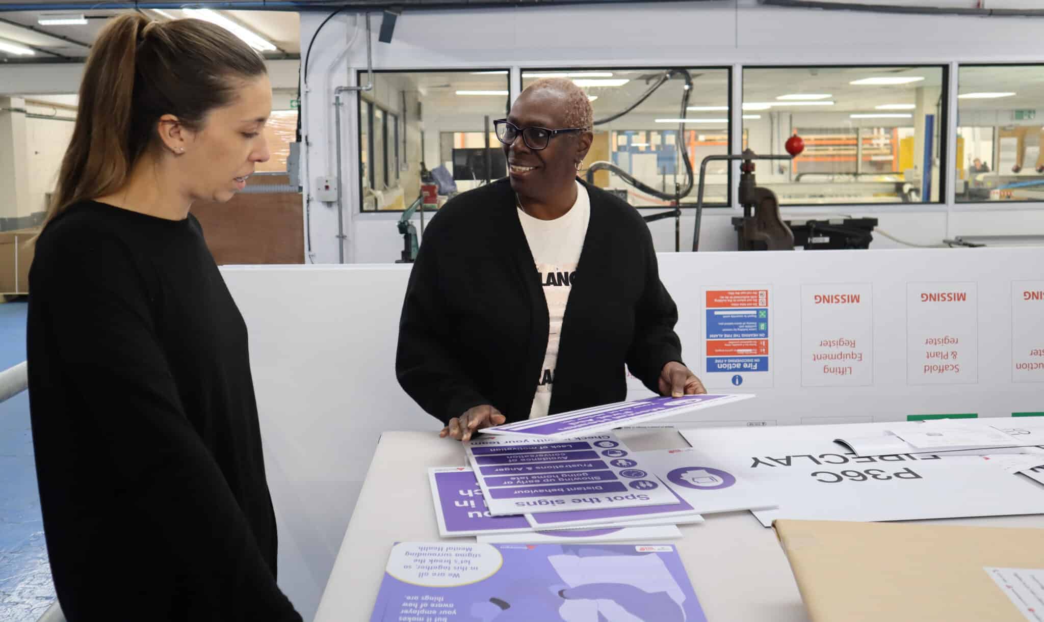 Jenny Rayner Mental Health Signs-Stocksigns-PR Jenny Rayner MBE looking at the development of the Mental Health Signs with Marketing Manager Daniella